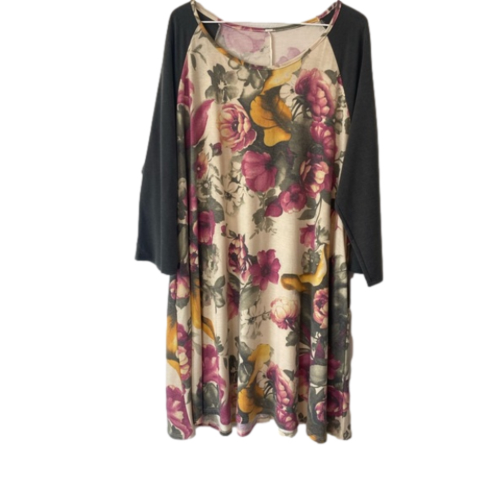 Boho Floral “Tanya” Purple/Mustard 3/4 Sleeve Midi with pockets Size XXL